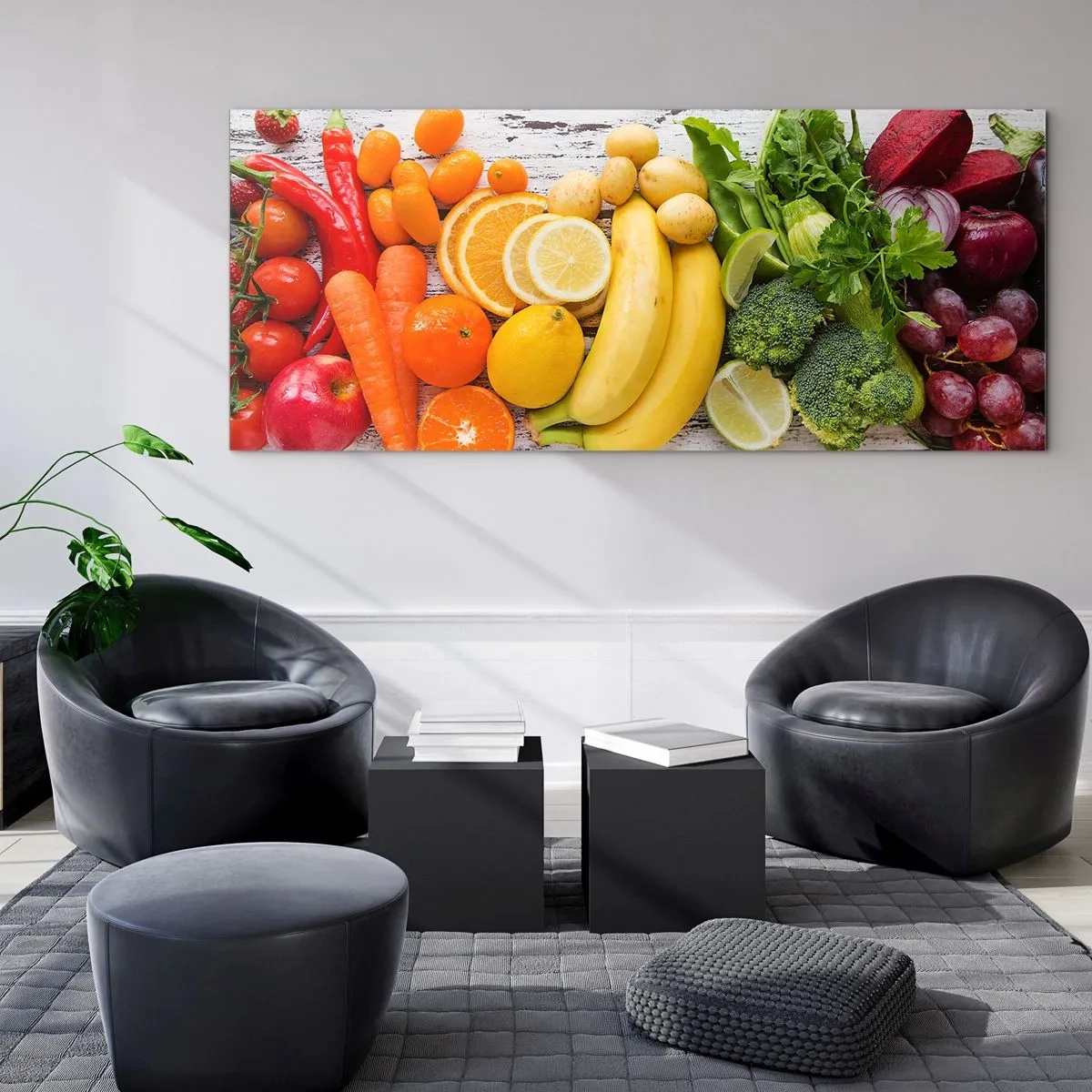 Impression sur verre - Image sur verre - Fruits et légumes colorés sur fond de bois - 160x50cm - Ce n'est pas suffisant? - Décoration murale moderne pour le salon et la chambre ARTTOR