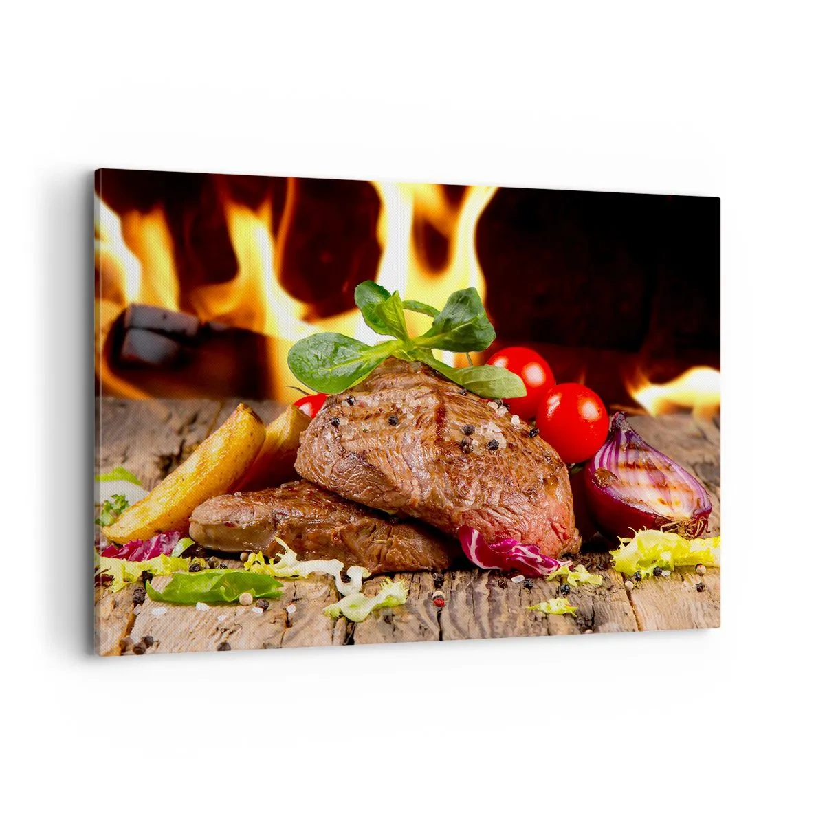 Impression sur toile - Image sur toile - Steak grillé avec accompagnements sur fond de flammes - 100x70cm - Ensorcelé par la braise - Décoration murale moderne pour le salon et la chambre ARTTOR