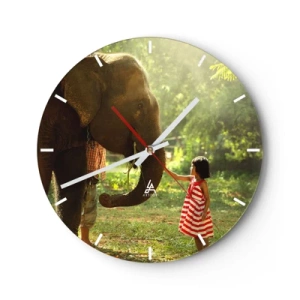 Horloge murale - Pendule murale - Une fille en robe rouge touche la trompe d'un éléphant dans la forêt. - 30x30cm - La force de l'amitié - Décoration murale moderne pour le salon, la cuisine et la chambre ARTTOR