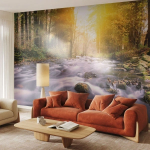 Papier Peint Photo Premium Canvas - Malachite dans un cadre argent et or - Paysage, Ruisseau de montagne, Forêt - 350x256 cm