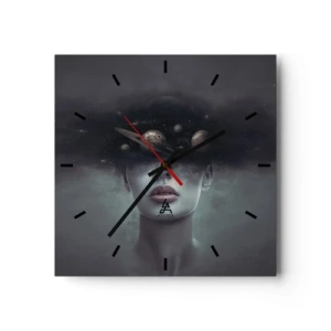 Horloge murale - Pendule murale - Un visage de femme avec un motif de planète et d'espace en arrière-plan - 30x30cm - Et les planètes deviennent folles... - Décoration murale moderne pour le salon et la chambre ARTTOR
