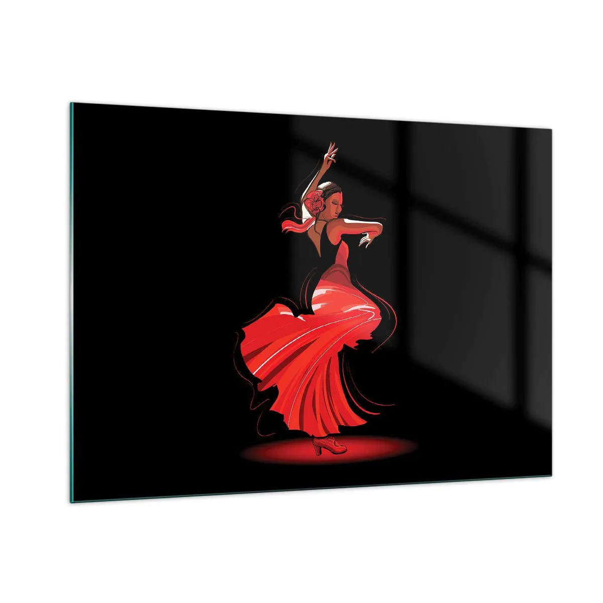 Impression sur verre - Image sur verre - Danseuse de flamenco en robe rouge sur fond noir - 100x70cm - L'esprit fougueux du flamenco - Décoration murale moderne pour le salon et la chambre ARTTOR