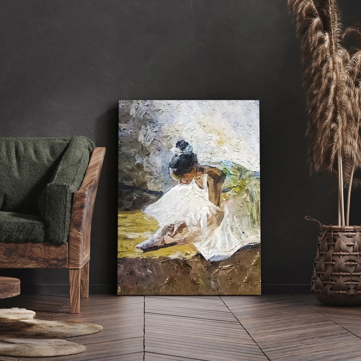 Impression sur toile - Image sur toile - Une ballerine en robe blanche dans un style pictural sur un fond impressionniste. - 50x70cm - D'après un tableau de Degas - Décoration murale moderne pour le salon et la chambre ARTTOR