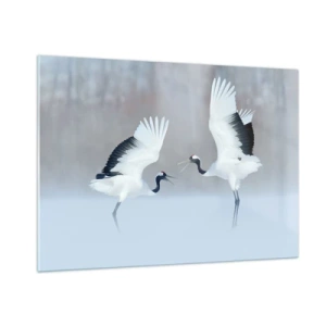 Impression sur verre - Image sur verre - Grues dansantes sur fond de paysage hivernal - 100x70cm - Danse dans le brouillard - Décoration murale moderne pour le salon et la chambre ARTTOR