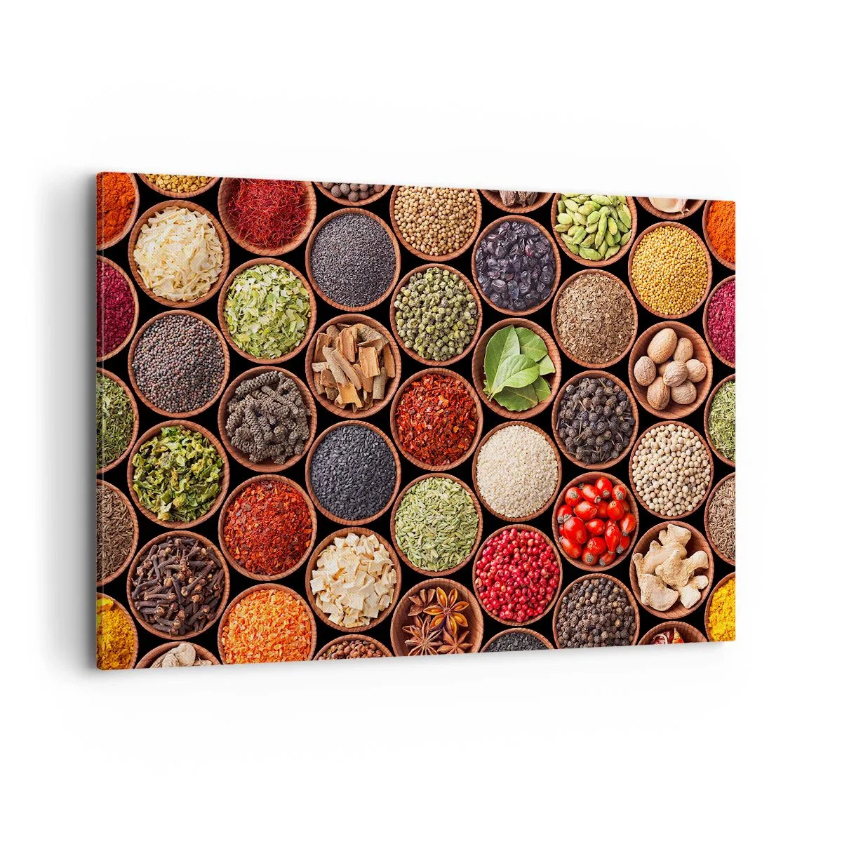 Impression sur toile - Image sur toile - Épices colorées dans des récipients ronds - 120x80cm - Toutes les saveurs du monde - Décoration murale moderne pour le salon et la chambre ARTTOR