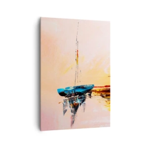 Impression sur toile - Image sur toile - Bateaux colorés sur une eau calme au coucher du soleil - 70x100cm - Soirée à la marina - Décoration murale moderne pour le salon et la chambre ARTTOR