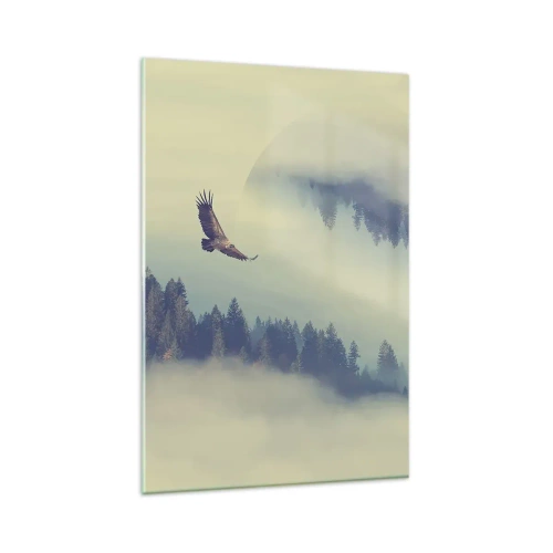 Impression sur verre - Image sur verre - Un aigle en vol sur fond de montagnes brumeuses avec un motif circulaire artistique - 80x120cm - J'ai vu l'ombre d'un aigle - Décoration murale moderne pour le salon et la chambre ARTTOR