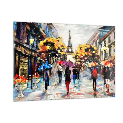 Impression sur verre - Image sur verre - La Tour Eiffel en arrière-plan des gens marchant sous des parapluies colorés - 120x80cm - Particulièrement beau en automne - Décoration murale moderne pour le salon et la chambre ARTTOR