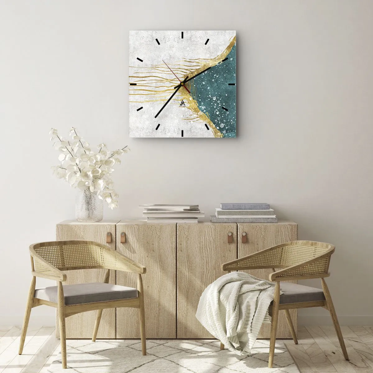 Horloge murale - Pendule murale - Une composition abstraite dans des tons d'or et de turquoise - 30x30cm - Marée dorée - Décoration murale moderne pour le salon et la chambre ARTTOR