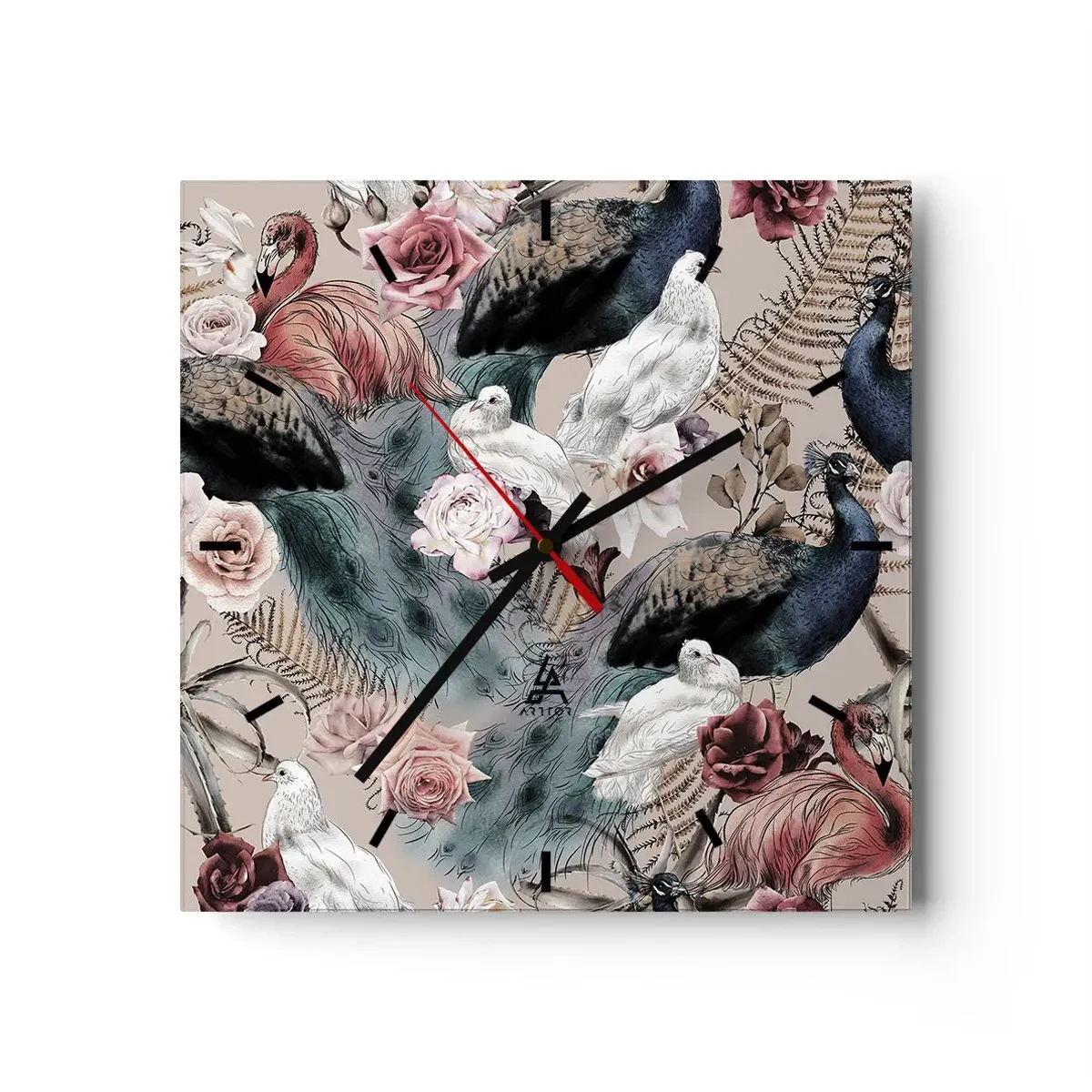 Horloge murale - Pendule murale - Un paysage avec des plumes de paon, des roses et des oiseaux dans un style romantique. - 30x30cm - Dans un jardin de palace - Décoration murale moderne pour le salon et la chambre ARTTOR