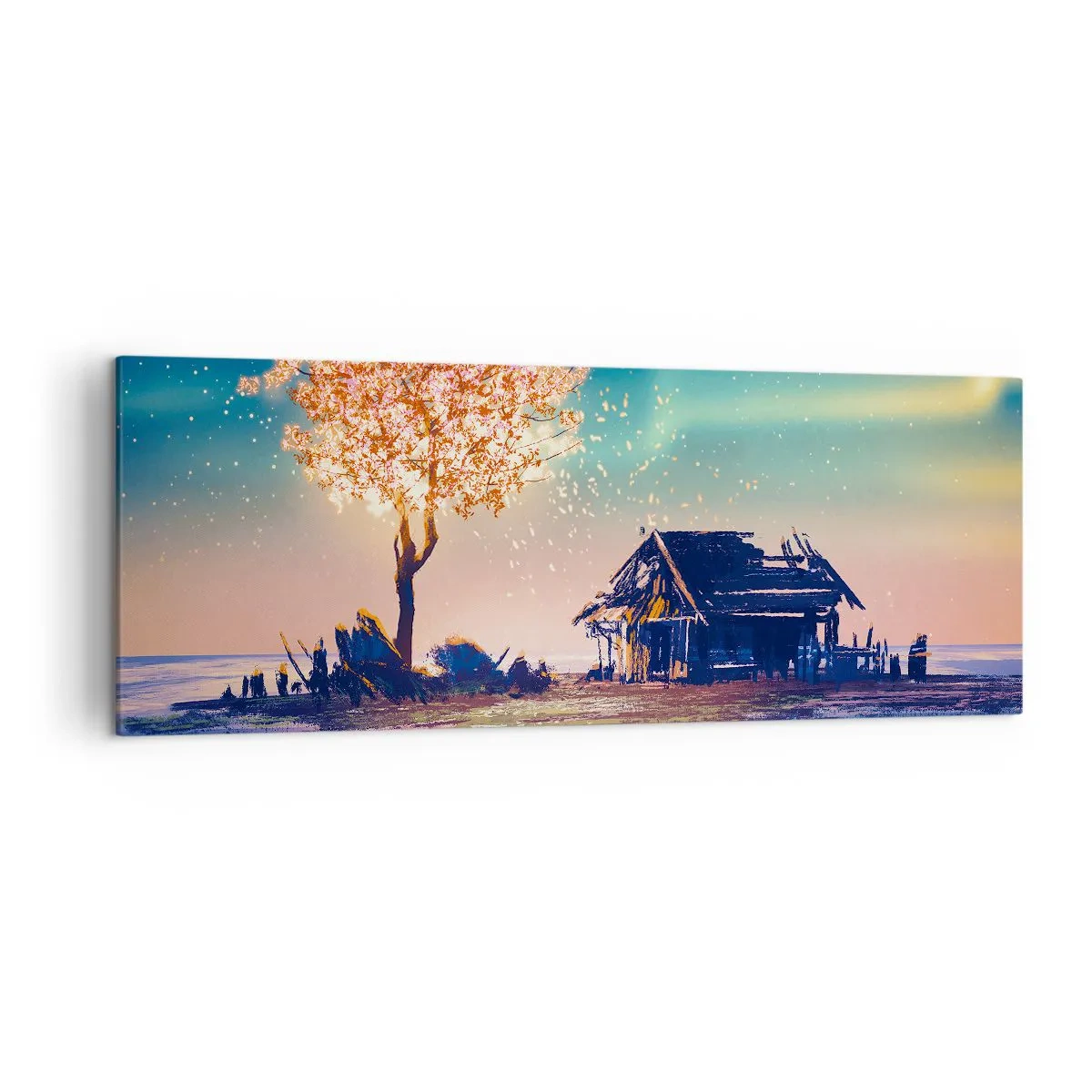 Impression sur toile - Image sur toile - Une maison et un arbre en fleurs sous le ciel nocturne - 140x50cm - La nature ne passe pas - Décoration murale moderne pour le salon et la chambre ARTTOR