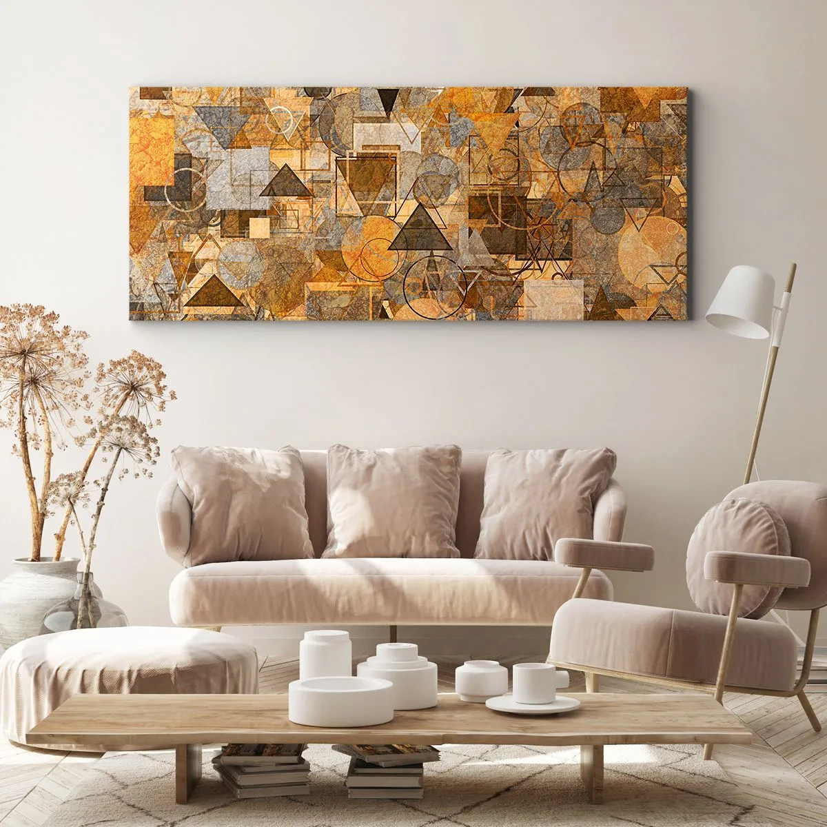 Impression sur toile - Image sur toile - Motifs géométriques abstraits dans des tons dorés - 140x50cm - Le monde en forme - Décoration murale moderne pour le salon et la chambre ARTTOR