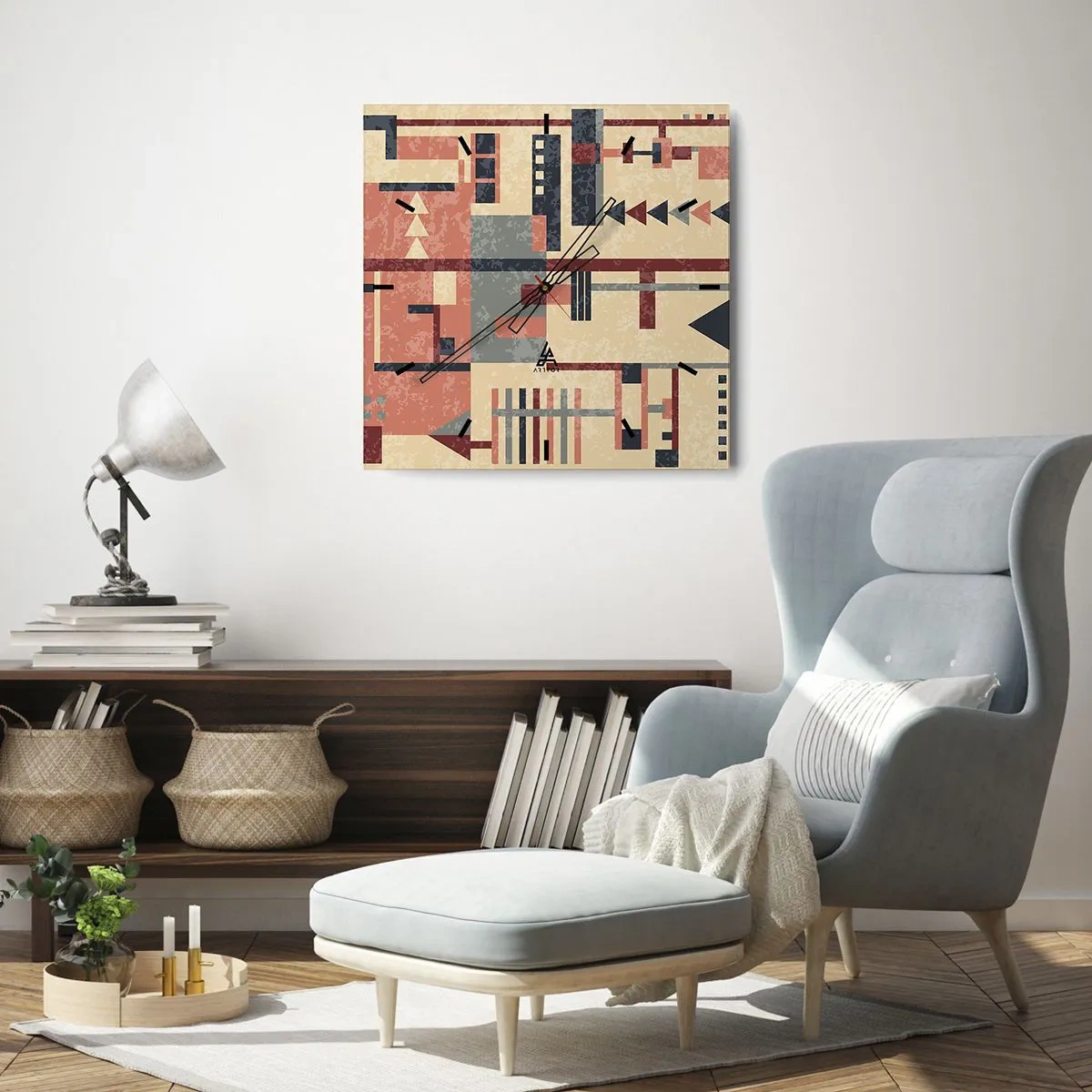 Horloge murale - Pendule murale - Motif géométrique dans des tons pastel de beige, rouge et gris - 30x30cm - Une combinaison de verticaux et d'horizontaux - Décoration murale moderne pour le salon et la chambre ARTTOR