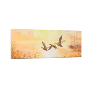 Impression sur verre - Image sur verre - Canards volant au lever du soleil au-dessus du lac - 140x50cm - Le début d'un long voyage - Décoration murale moderne pour le salon et la chambre ARTTOR