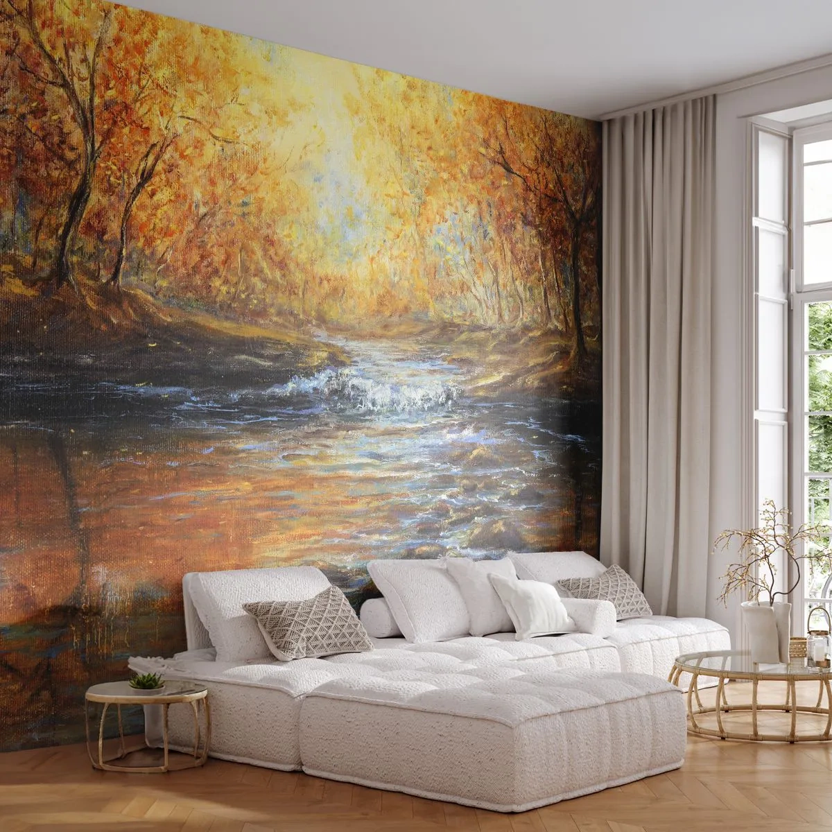 Papier Peint Photo Premium Sand - Paysage d'automne avec une rivière et des arbres dorés - 100x70cm - Le ruisseau d'or - Décoration murale moderne pour le salon et la chambre ARTTOR