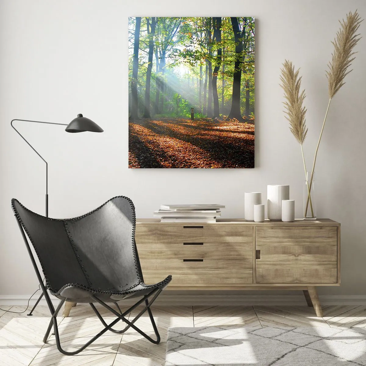 Impression sur verre - Image sur verre - Une forêt sous les rayons du soleil dans un paysage d'automne - 50x70cm - Ombres et lumières - Décoration murale moderne pour le salon et la chambre ARTTOR