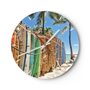 Horloge murale - Pendule murale - Planches de surf colorées sur fond de plage et de palmiers - 30x30cm - Jeux ensoleillés - Décoration murale moderne pour le salon, la cuisine et la chambre ARTTOR