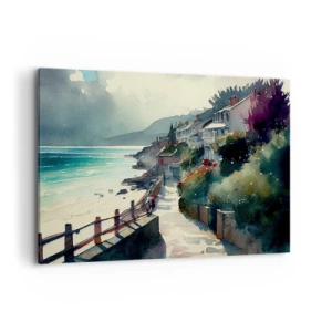 Impression sur toile - Image sur toile - Promenade en bord de mer avec maisons et végétation - 120x80cm - Ville méditerranéenne - Décoration murale moderne pour le salon et la chambre ARTTOR