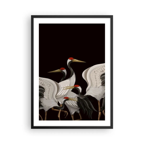 Affiche dans un cadre noir - Poster - Grues élégantes sur fond sombre dans un style oriental - 50x70cm - Histoire d'oiseaux - Décoration murale moderne pour le salon et la chambre ARTTOR