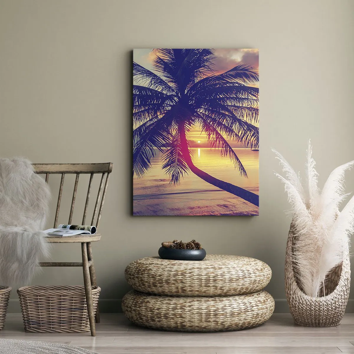 Impression sur toile - Image sur toile - Coucher de soleil avec un palmier sur un rivage tranquille - 80x120cm - Soirée sous les palmiers - Décoration murale moderne pour le salon et la chambre ARTTOR