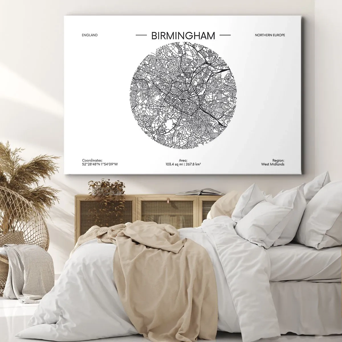 Impression sur toile - Image sur toile - Une carte minimaliste en noir et blanc de Birmingham avec des détails précis. - 120x80cm - Anatomie de Birmingham - Décoration murale moderne pour le salon et la chambre ARTTOR