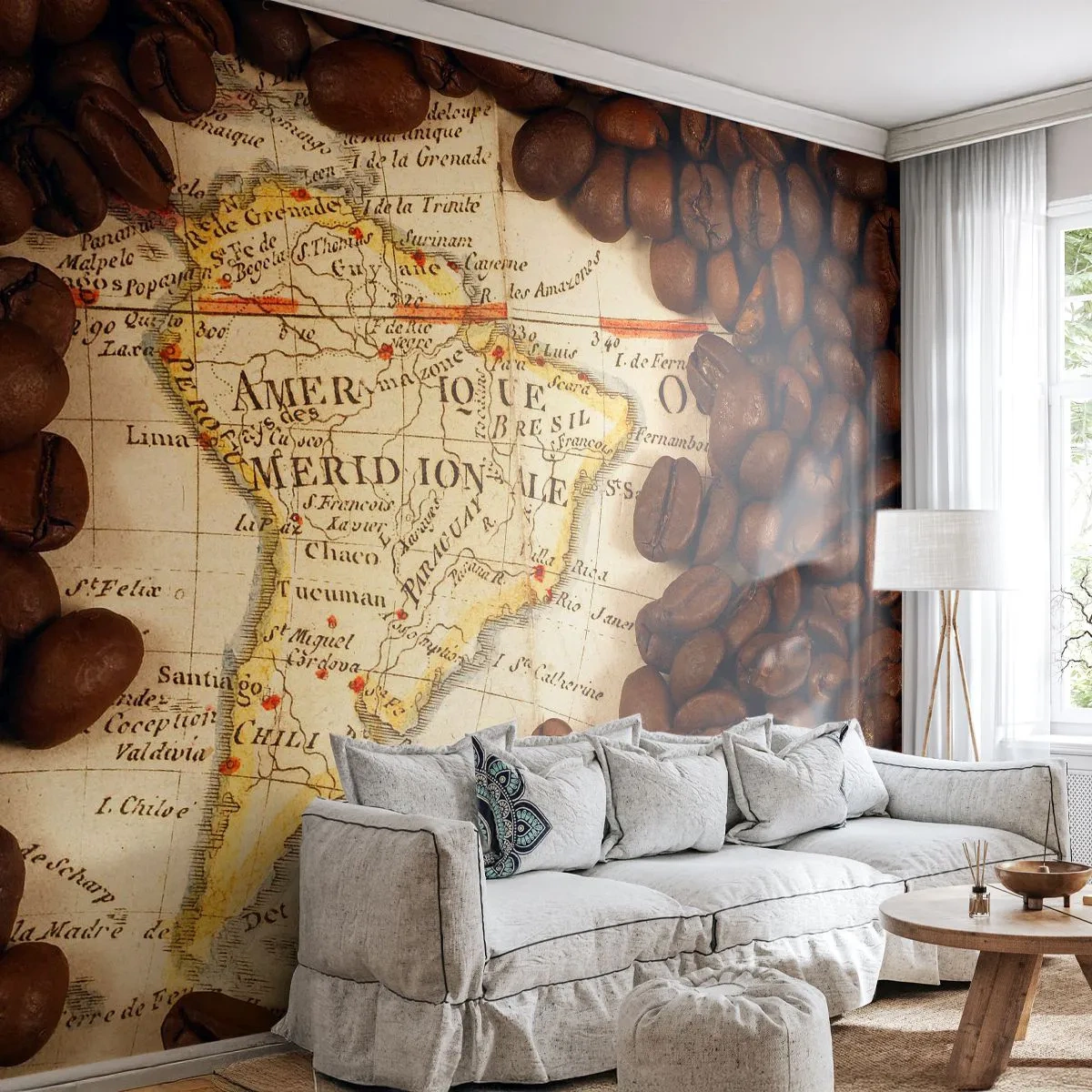 Papier Peint Autocollant Deluxe Sticker - D'où vient le meilleur café ? - Cartes du monde, Café, Amérique - 250x175 cm