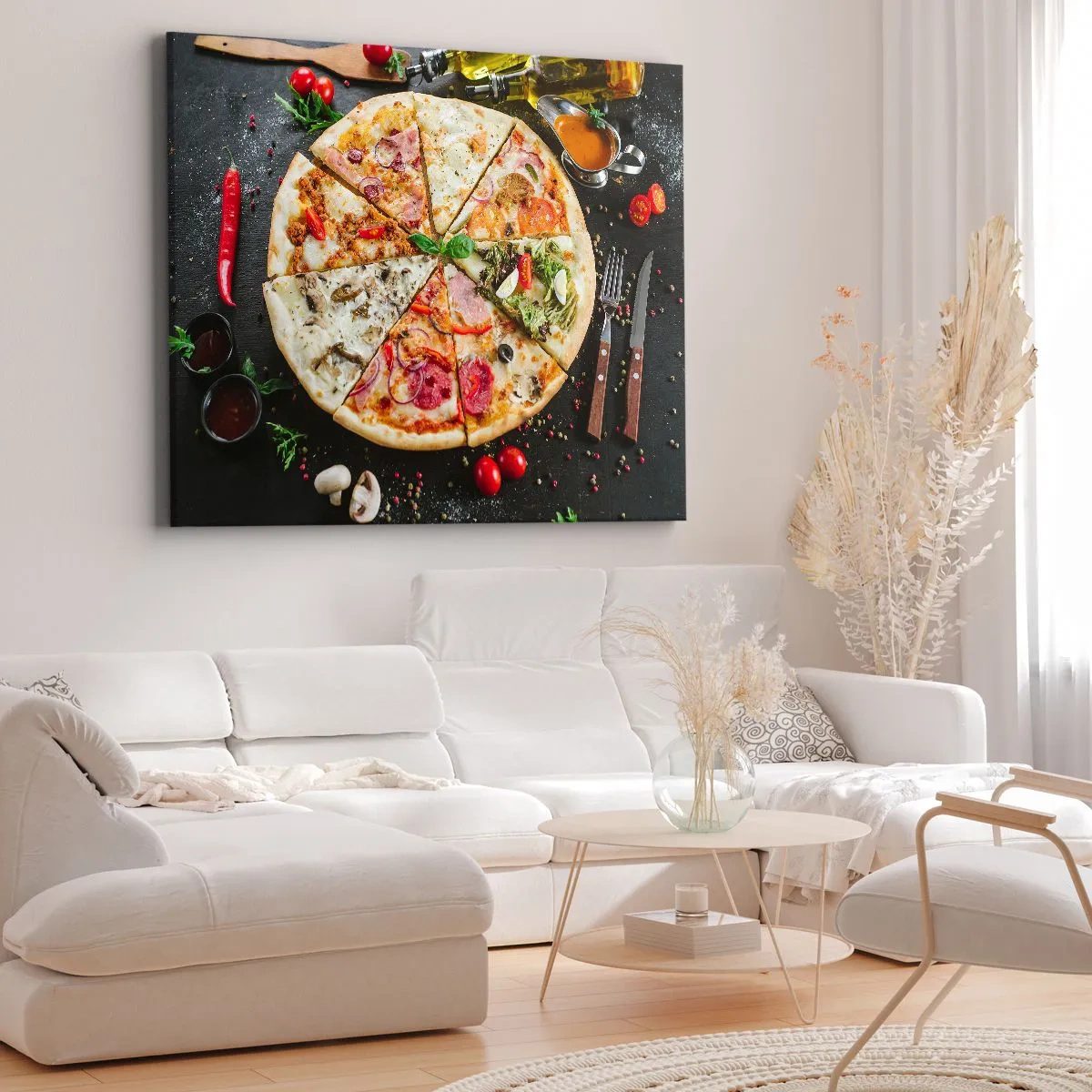 Impression sur toile - Image sur toile - Pizza aux saveurs variées avec un fond de garnitures - 70x50cm - Une gamme de saveurs - Décoration murale moderne pour le salon et la chambre ARTTOR