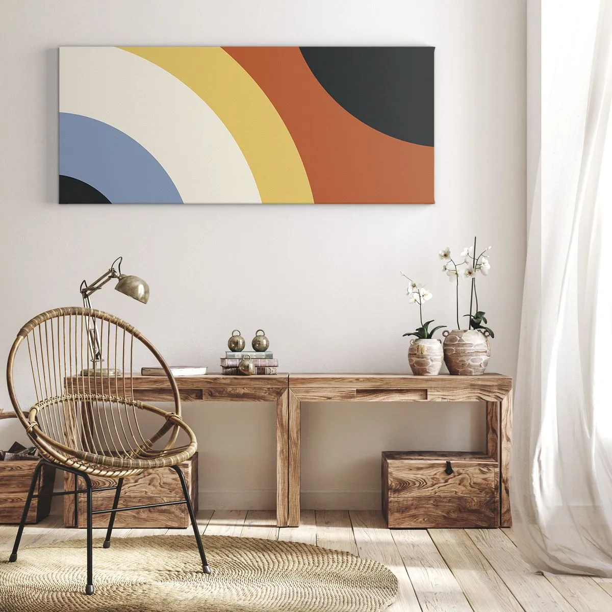 Impression sur toile - Image sur toile - Œuvre d'art abstraite avec des arcs colorés et des cercles contrastés - 160x50cm - Vers son soi - Décoration murale moderne pour le salon et la chambre ARTTOR