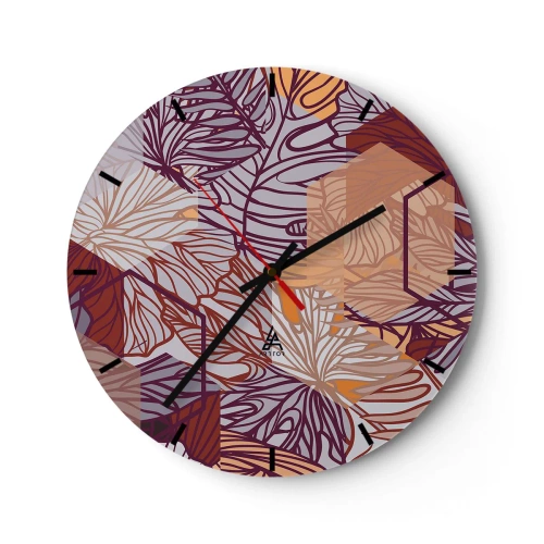 Horloge murale - Pendule murale - Feuilles abstraites dans les tons de violet, d'orange et de beige - 30x30cm - Relation impossible entre la géométrie et la nature - Décoration murale moderne pour le salon, la cuisine et la chambre ARTTOR
