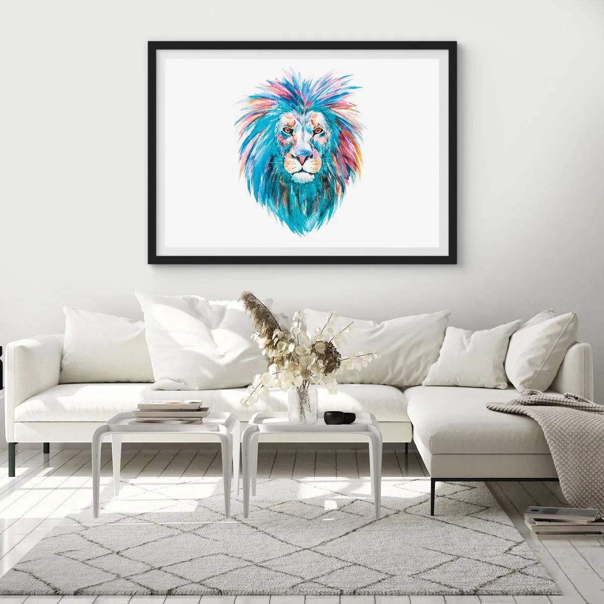 Affiche dans un cadre noir - Poster - Portrait à l'aquarelle d'un lion aux couleurs vives - 100x70cm - Aura électrique - Décoration murale moderne pour le salon et la chambre ARTTOR