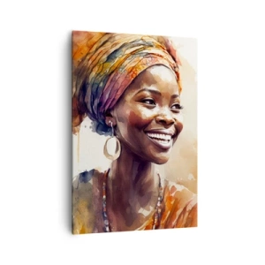 Impression sur toile - Image sur toile - Portrait d'une femme souriante dans un foulard coloré à l'aquarelle - 70x100cm - reine africaine - Décoration murale moderne pour le salon et la chambre ARTTOR