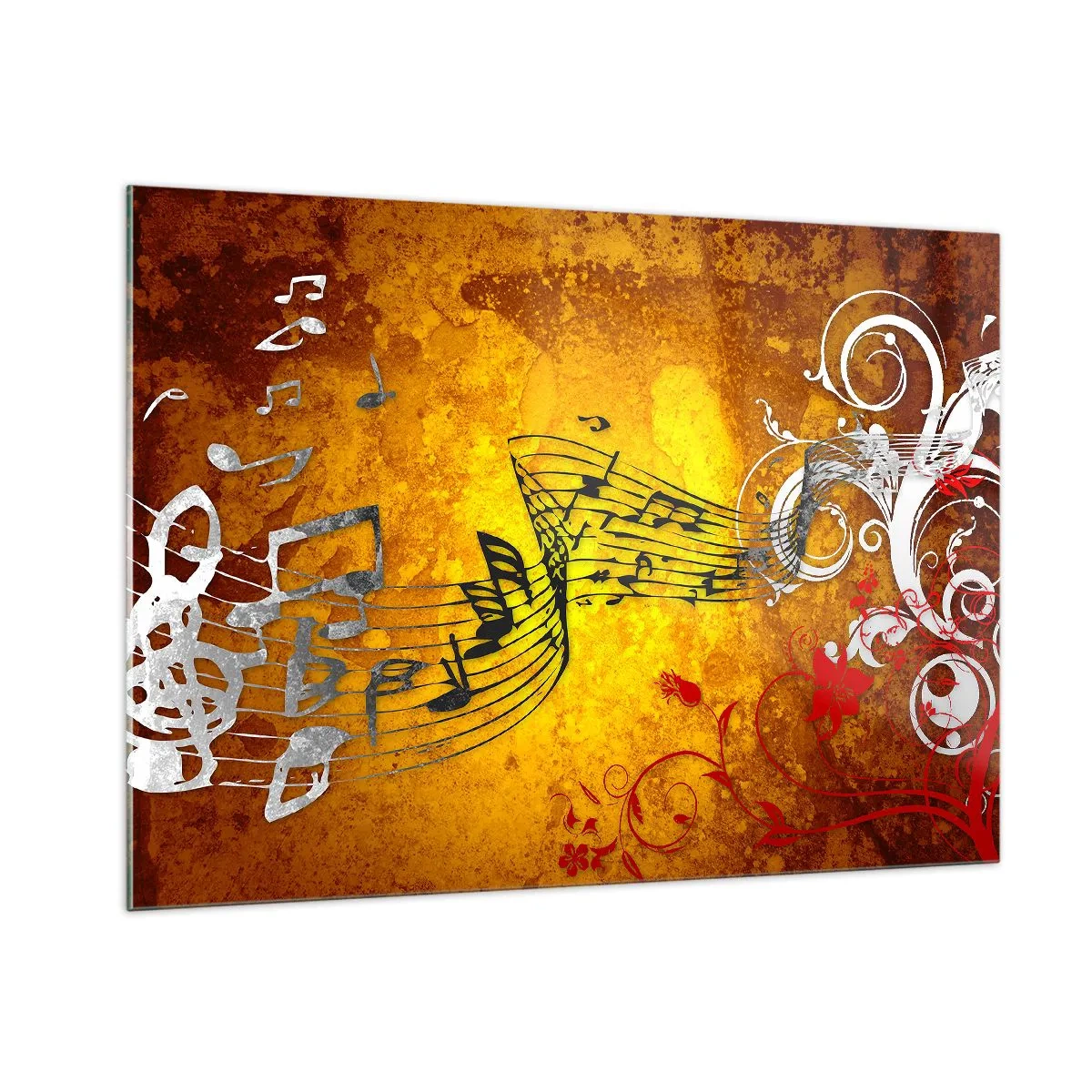Impression sur verre - Image sur verre - Motifs musicaux sur fond d'ornements dorés - 100x70cm - Que la musique coule - Décoration murale moderne pour le salon et la chambre ARTTOR