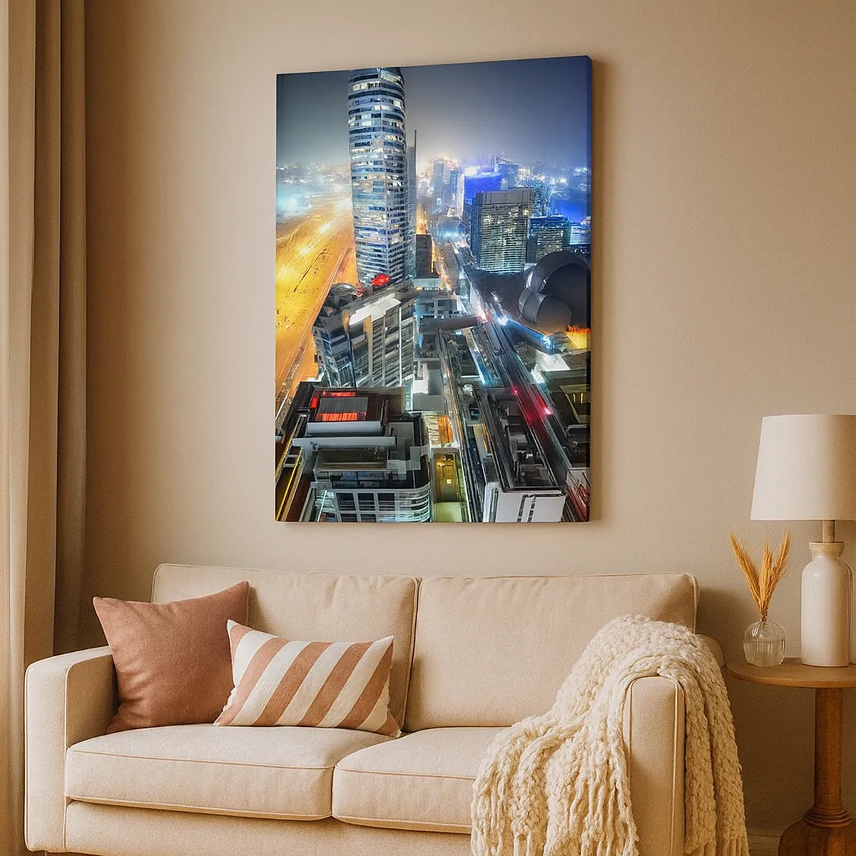 Impression sur toile - Image sur toile - Panorama de la ville nocturne avec des gratte-ciel illuminés - 50x70cm - Un miracle dans le désert - Décoration murale moderne pour le salon et la chambre ARTTOR