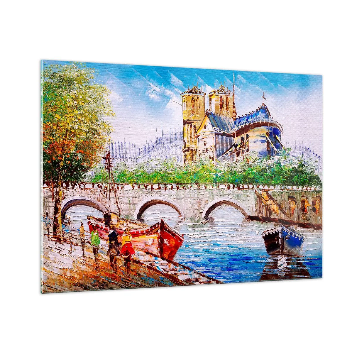 Impression sur verre - Image sur verre - Pont et bateaux sur fond de cathédrale historique - 100x70cm - Leur temps ne passe jamais - Décoration murale moderne pour le salon et la chambre ARTTOR