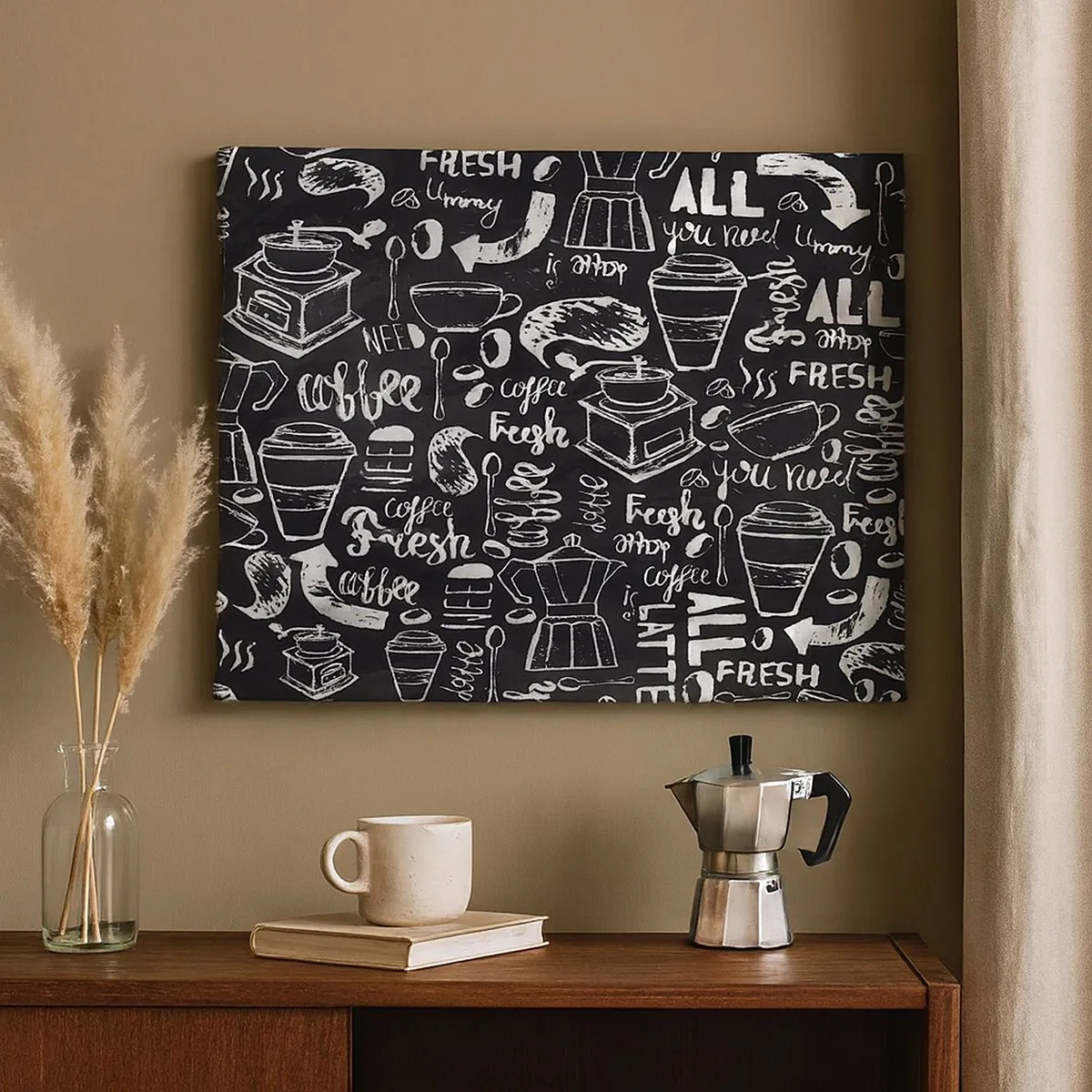 Impression sur toile - Image sur toile - Graphiques de café élégants sur fond noir - 70x50cm - Tout ce dont tu as besoin c'est… - Décoration murale moderne pour le salon et la chambre ARTTOR