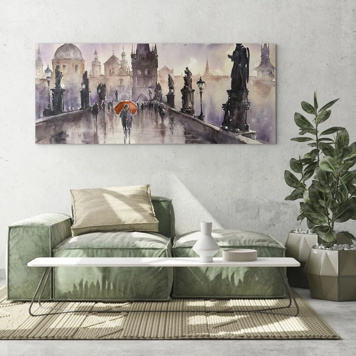 Impression sur verre - Image sur verre - Vue romantique d'un pont avec un parapluie sur fond de ville en soirée - 160x50cm - Les gens ne changent pas - Décoration murale moderne pour le salon et la chambre ARTTOR