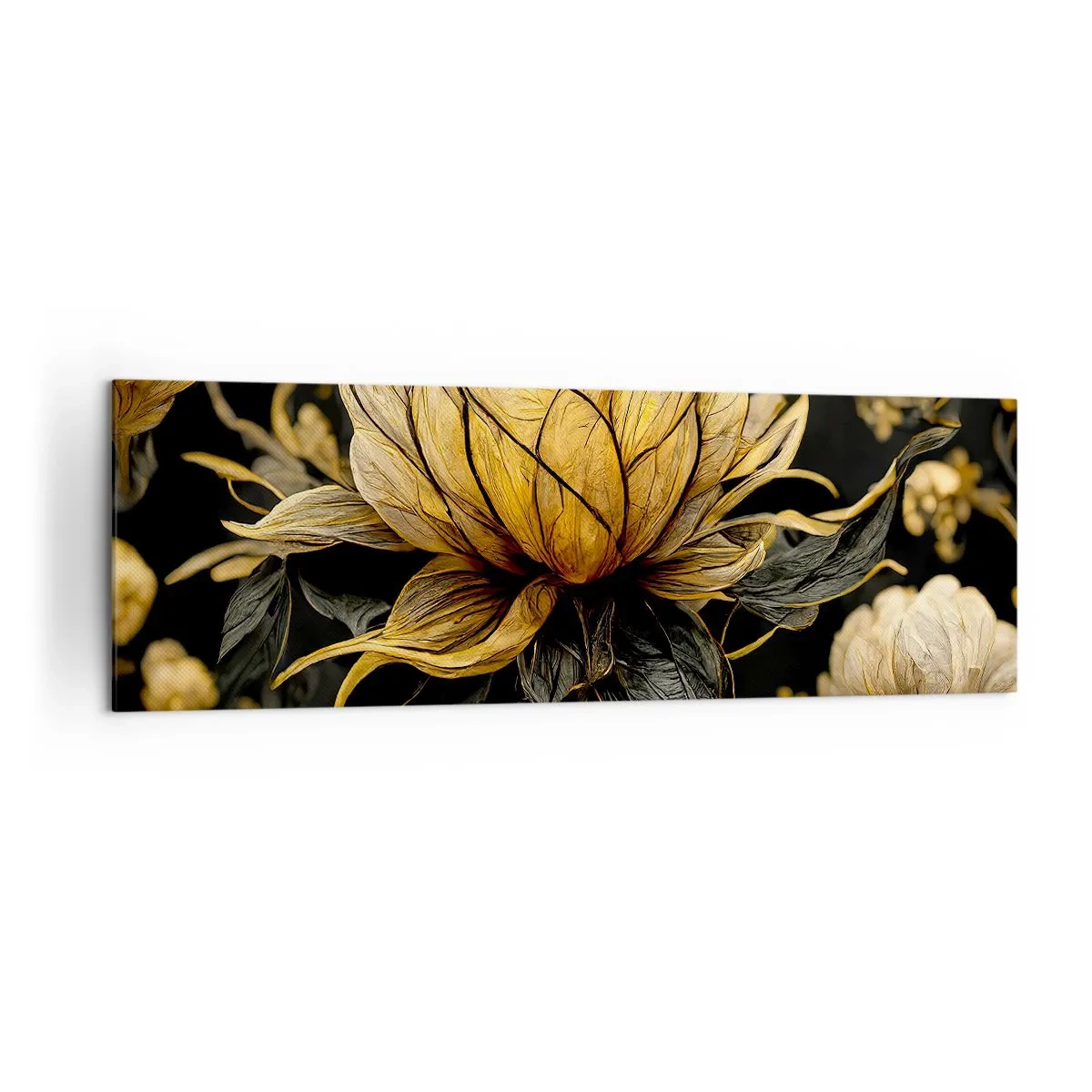 Impression sur toile - Image sur toile - Fleur dorée sur fond sombre - 160x50cm - Fragilité subtile - Décoration murale moderne pour le salon et la chambre ARTTOR
