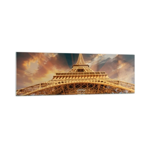 Impression sur verre - Image sur verre - La Tour Eiffel vue d'en bas sur fond de soleil couchant - 160x50cm - Comment l'humanité a atteint le ciel - Décoration murale moderne pour le salon et la chambre ARTTOR