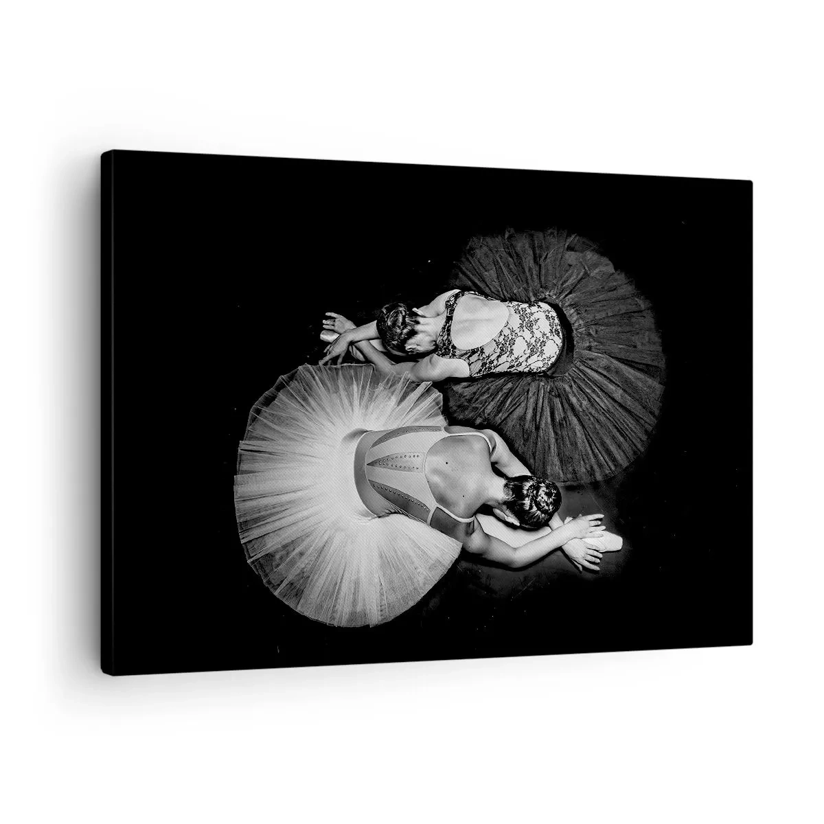 Impression sur toile - Image sur toile - Une image en noir et blanc de deux ballerines dans une pose dynamique. - 70x50cm - Jin et jang – équilibre idéal - Décoration murale moderne pour le salon et la chambre ARTTOR