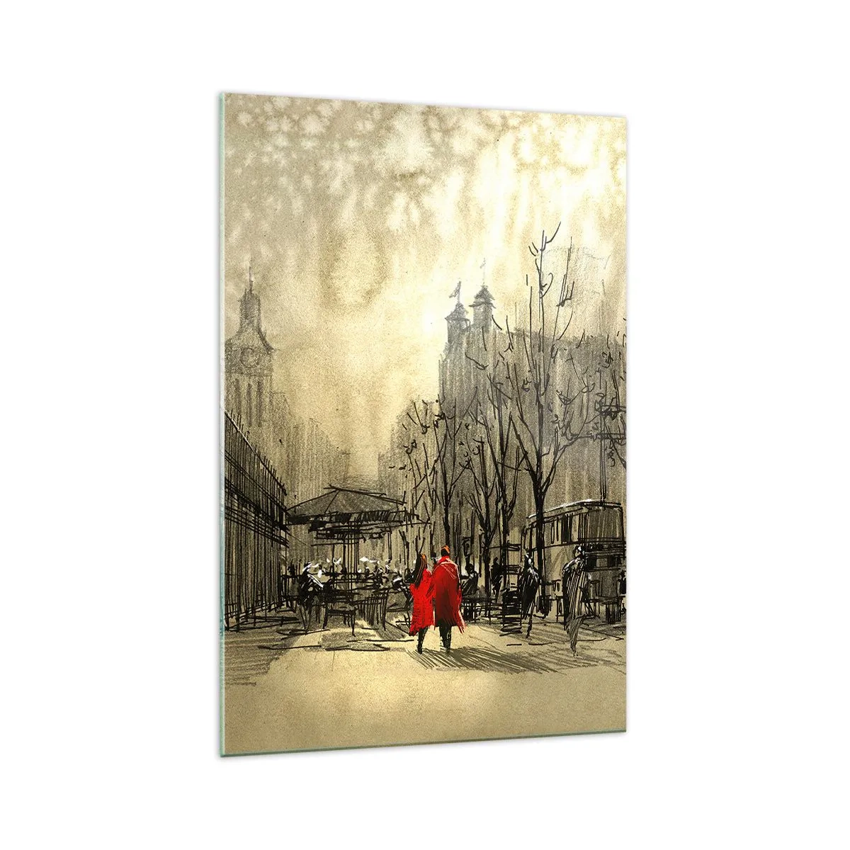 Impression sur verre - Image sur verre - Une figure rouge dans un décor urbain nostalgique - 70x100cm - Rendez-vous dans le brouillard de Londres - Décoration murale moderne pour le salon et la chambre ARTTOR