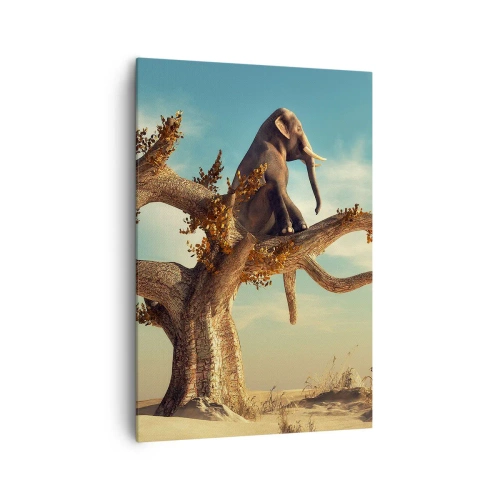Impression sur toile - Image sur toile - Un éléphant assis sur un arbre dans un paysage surréaliste - 70x100cm - Nouveau point de vue - Décoration murale moderne pour le salon et la chambre ARTTOR