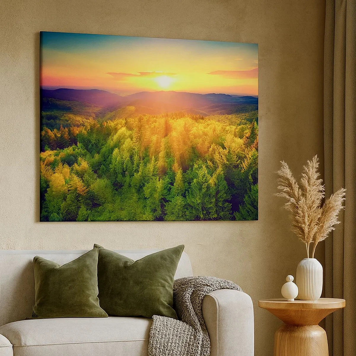 Impression sur toile - Image sur toile - Paysage forestier avec coucher de soleil sur les collines - 70x50cm - Monts et sommets - Décoration murale moderne pour le salon et la chambre ARTTOR