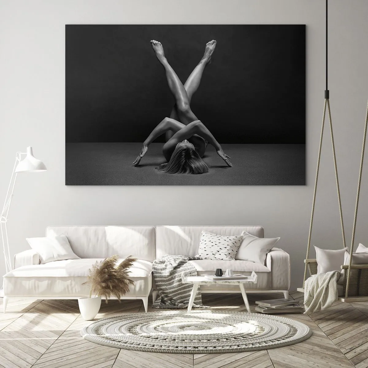 Impression sur verre - Image sur verre - Nu féminin dans une composition corporelle géométrique - 70x50cm - Géométrie de la nudité - Décoration murale moderne pour le salon et la chambre ARTTOR