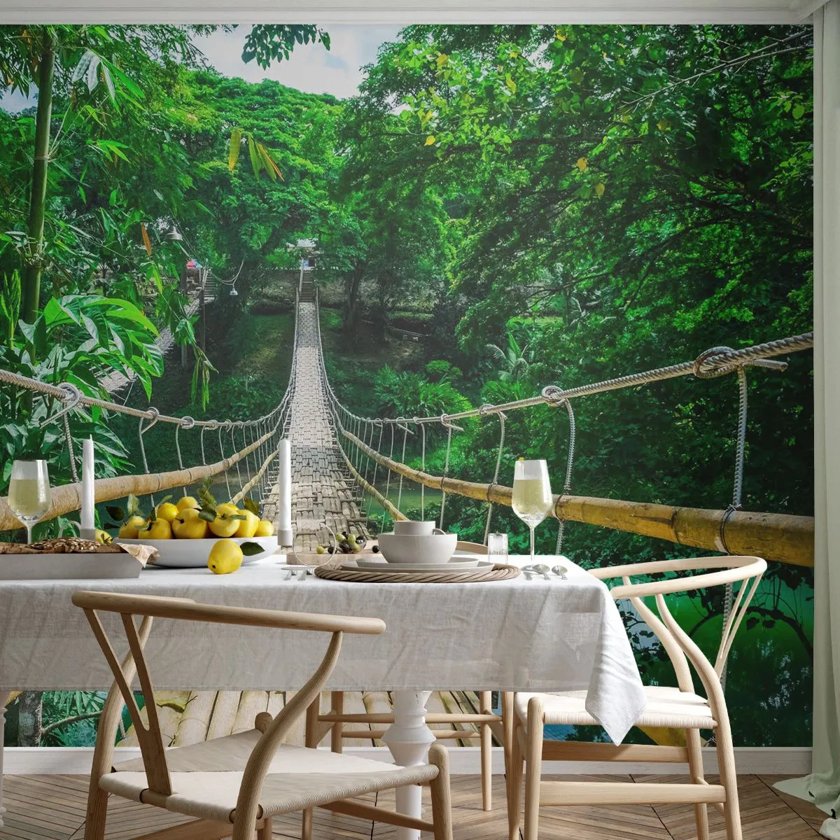 Papier Peint Photo Premium Sand - Un pont en bambou suspendu au-dessus d'une rivière verte dans une forêt tropicale. - 100x70cm - Pont de singe en pleine nature - Décoration murale moderne pour le salon et la chambre ARTTOR