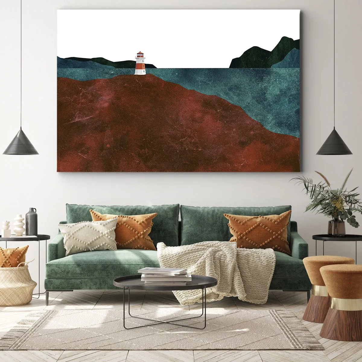 Impression sur toile - Image sur toile - Un phare avec en toile de fond les montagnes et la mer - 120x80cm - En regardant la mer - Décoration murale moderne pour le salon et la chambre ARTTOR