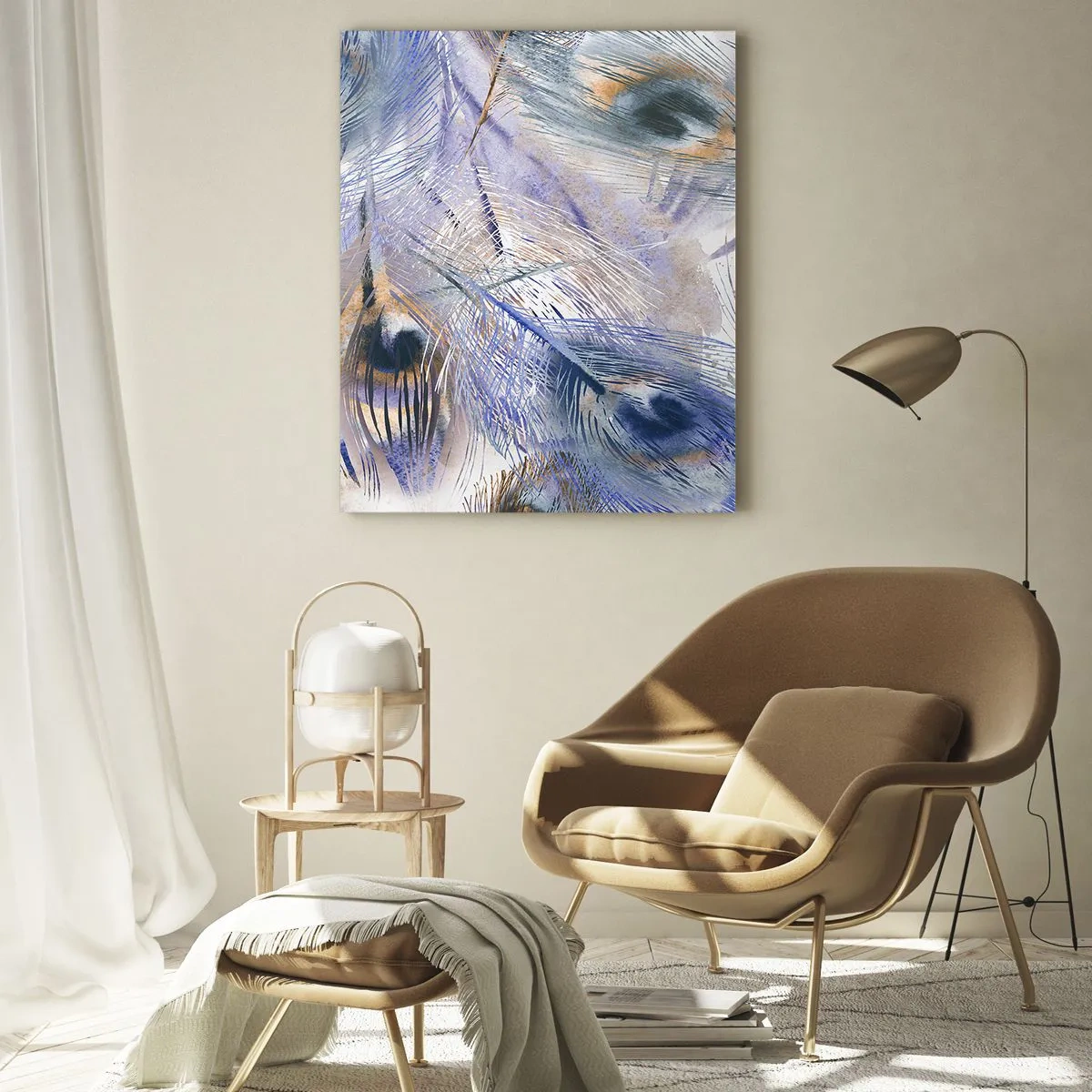 Impression sur verre - Image sur verre - Plumes de paon délicates dans des tons de bleu et de marron - 50x70cm - Composition de paon - Décoration murale moderne pour le salon et la chambre ARTTOR
