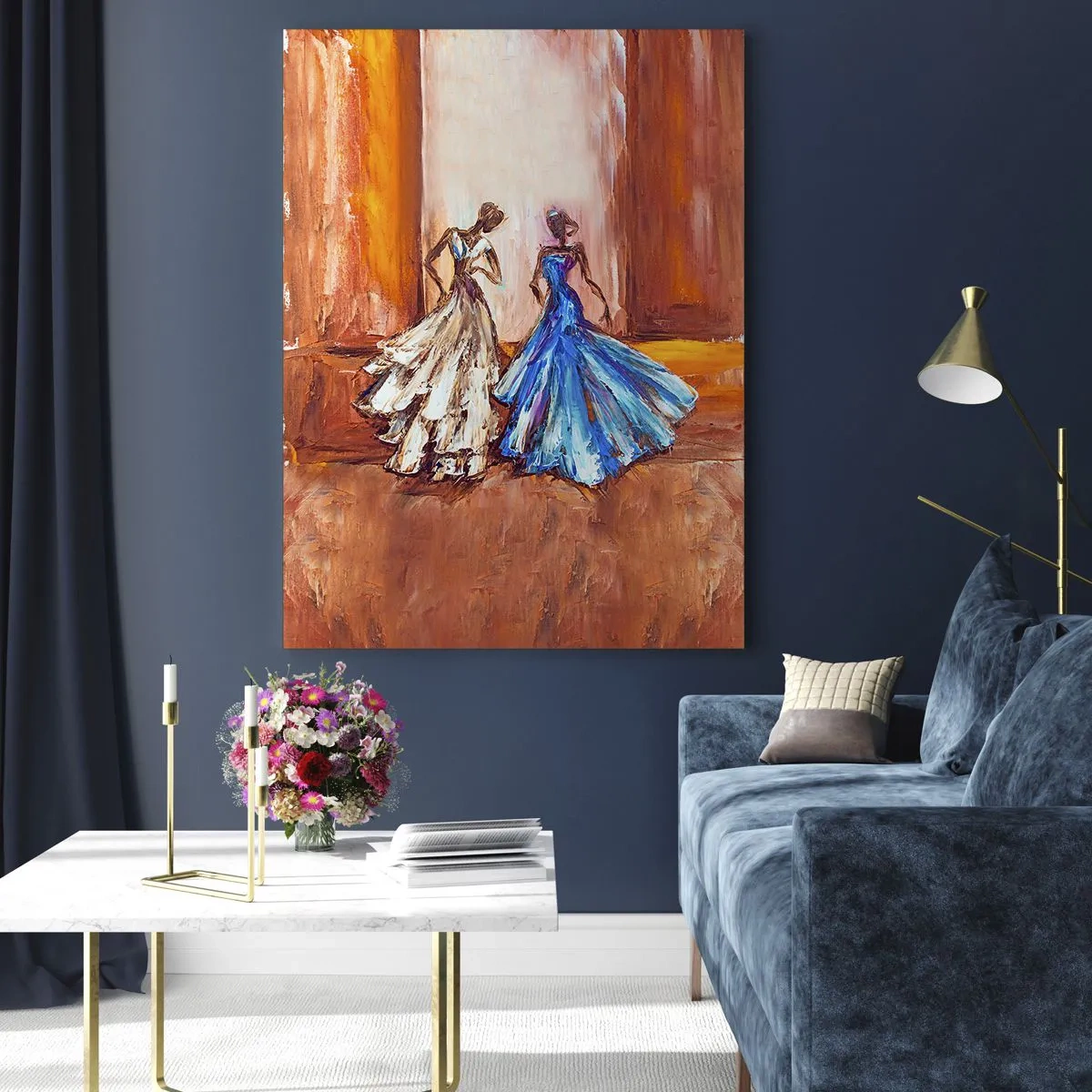 Impression sur verre - Image sur verre - Figures féminines en robes de bal dans un style artistique - 50x70cm - Un duo reconnaissant - Décoration murale moderne pour le salon et la chambre ARTTOR