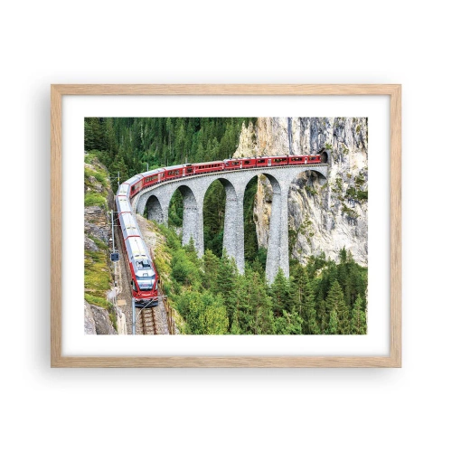 Affiche dans un chêne clair - Poster - Chemin de fer avec vue sur la montagne - 50x40 cm