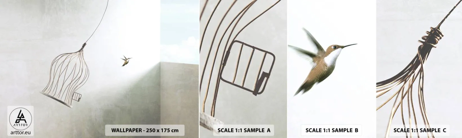 Échantillon De Papier Peint Standard Eco - Dans son élément - Abstraction, Oiseau, Cage à oiseaux - 100x30 cm