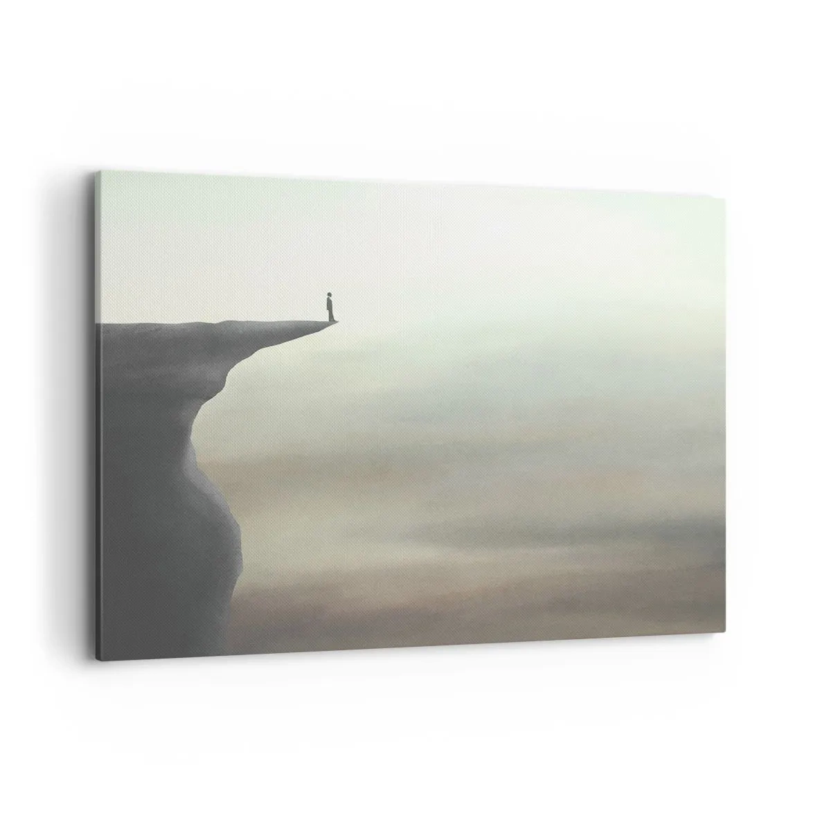 Impression sur toile - Image sur toile - Silhouette d'une figure au bord d'une falaise dans un paysage brumeux - 100x70cm - Tout en haut, bien entendu! - Décoration murale moderne pour le salon et la chambre ARTTOR